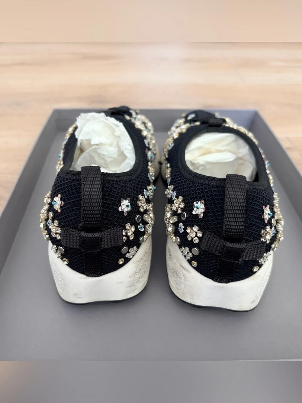 Dior Black Slip-On Sneakers with Crystal Floral Appliqués